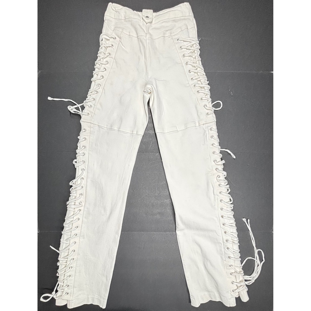 White Lace Up Side Tie Denim Pants Small High Waist Straight Leg Rockstar Club - Picture 2 of 9